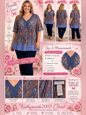 Catherine’s Blue Crinkle Studded V Neck with Flutter Sleeves 1X 18/20